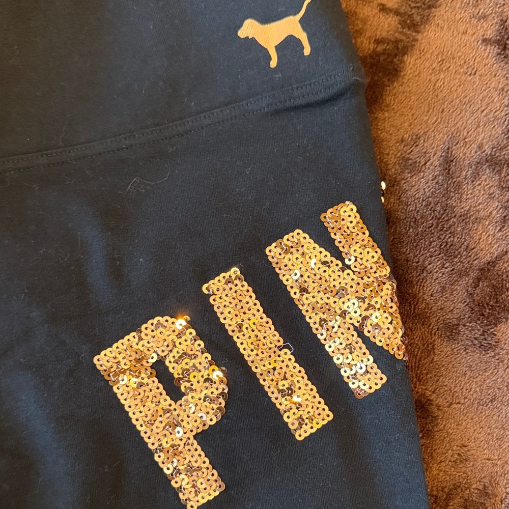 Victoria's Secret bling Black Leggings with rose gold PINK Lettering - Picture 3 of 4